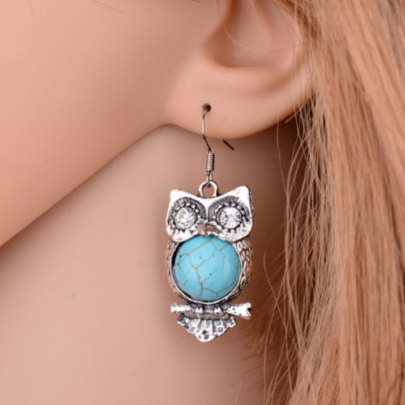Charming Crystal Turquoise Owl Dangle Earrings - Picture 2 of 3